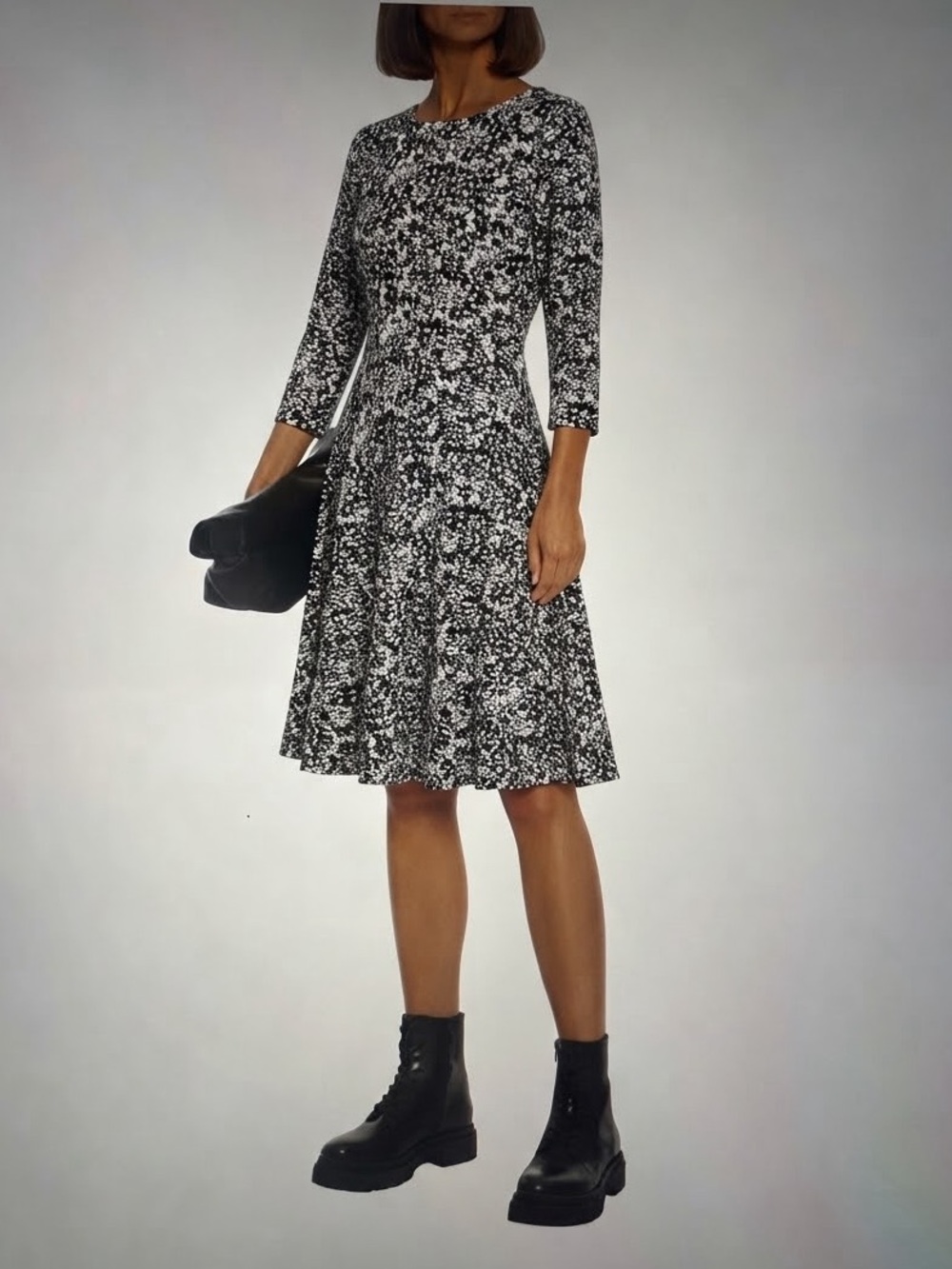 Weekend Max Mara Black White Print A-Line Dress M Italy 3/4 Sleeve